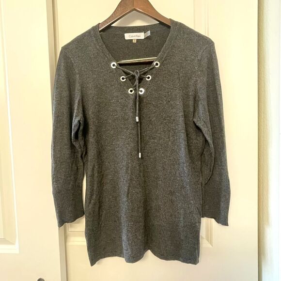 Calvin Klein Tops - Calvin Klein Women's Lace Up Gray 3/4 Sleeves Knit Top Pullover Sweater Size M